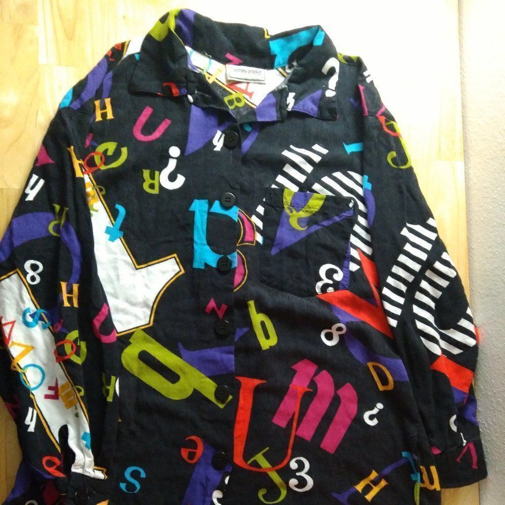 Vintage Ashley Brooke Abstract Numbers & Letters Button Down Shirt - Picture 2 of 7